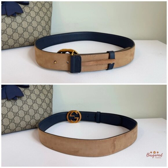 Authentic Gucci Blue Leather Gold Interlocking G Buckle Belt 85/34 - Picture 5 of 13
